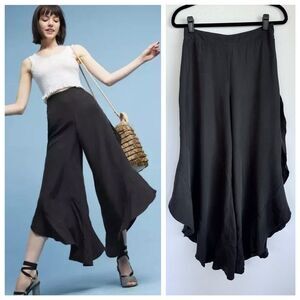 NWT Anthro Elevenses Antilles Black Ruffle Wide Leg Cropped Pants in Black Sz 8